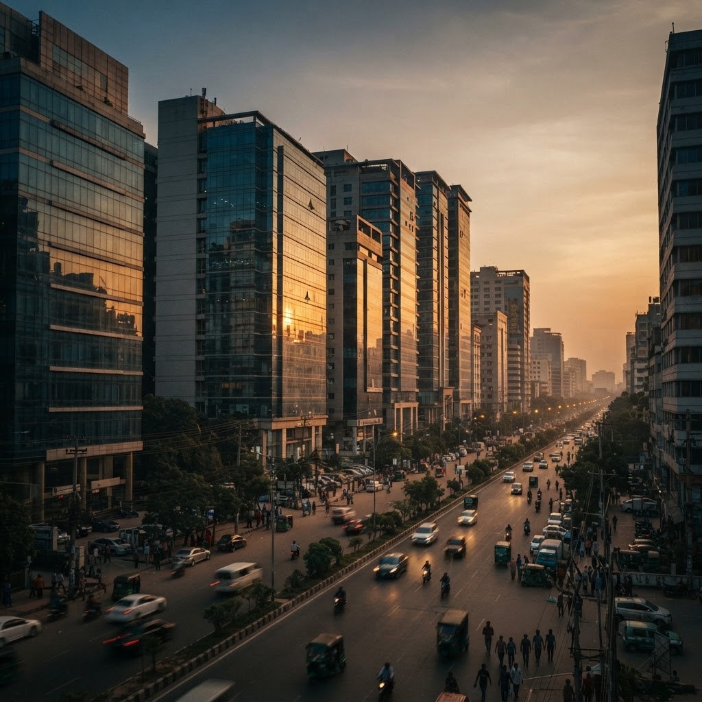 Dhaka skyline at golden hour